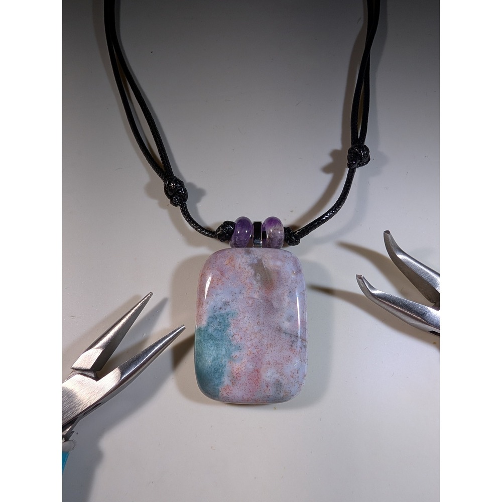 Handmade Moss Agate Rectangle Pendant Adjustable Black Cord Necklace 14-27in